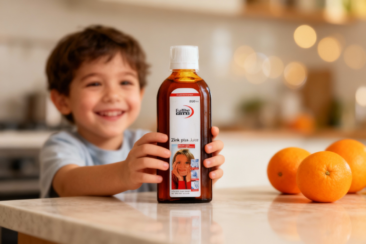 شربت زینک پلاس یوروویتال در دست کودک با پس زمینه میوه ها